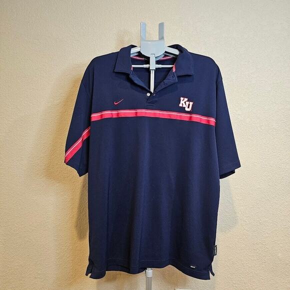 XL Nike Dri-Fit Team Kansas University Polo Shirt Men's Navy Button/Snap Collar - Picture 1 of 10